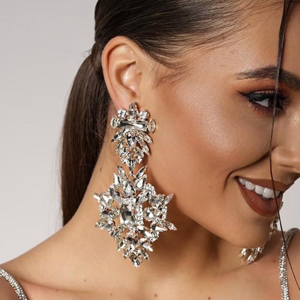 Silver Rhinestone Earrings Large Dangle Statement… - image 6